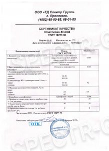 Сертификат качества шпатлевка ХВ-004